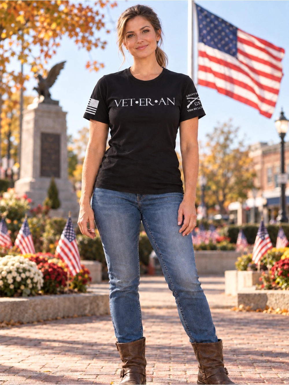 Grunt Style Women’s Veteran Black Graphic T-Shirt Patriotic - Picture 1 of 8